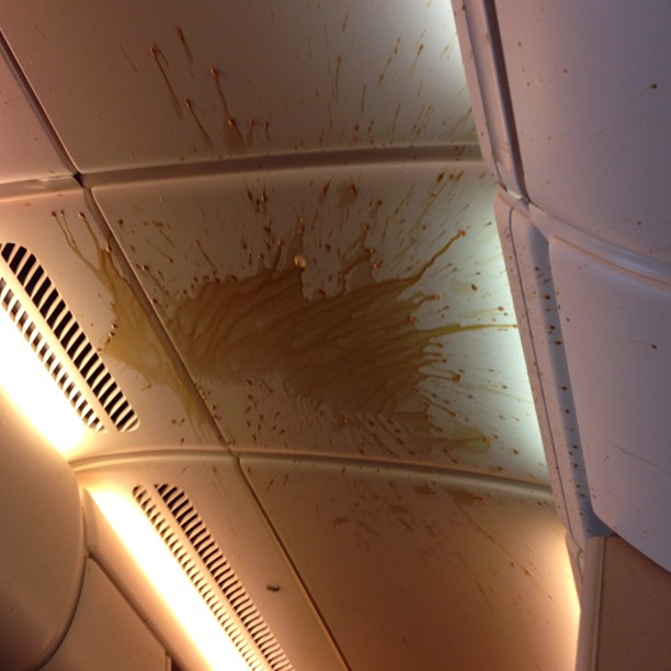 SQ308 coffee on ceiling after turbulence